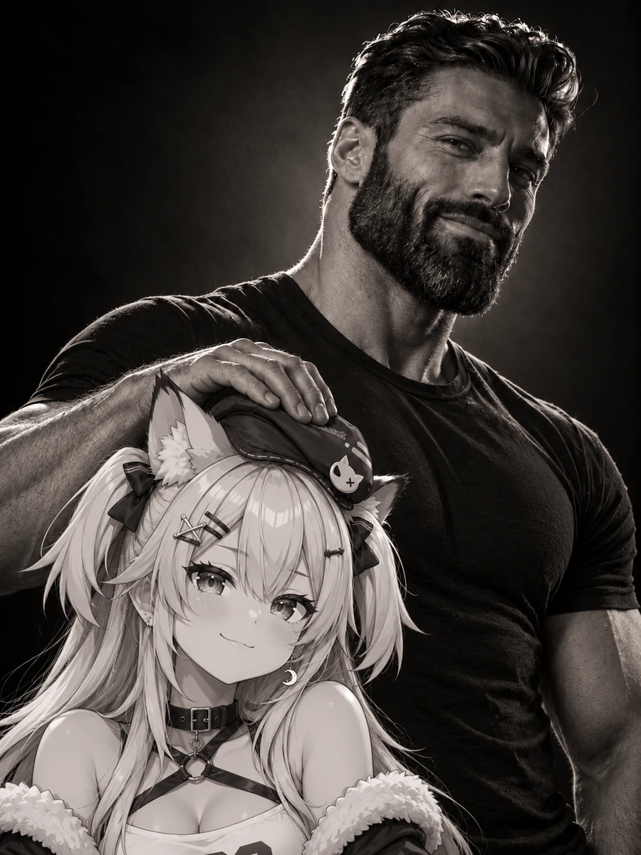 A towering, smiling GIGACHAD gently pats Ailice’s cap; she gives the camera a smug little smile